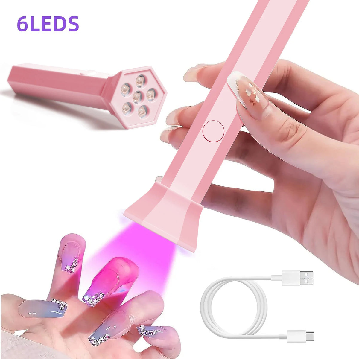 A hand holds a pink cordless mini UV LED nail lamp with 6 LEDs and a charging cable, demonstrating its use for manicures.
