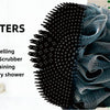 A black silicone back scrubber brush is shown next to a white towel, emphasizing hygiene matters.