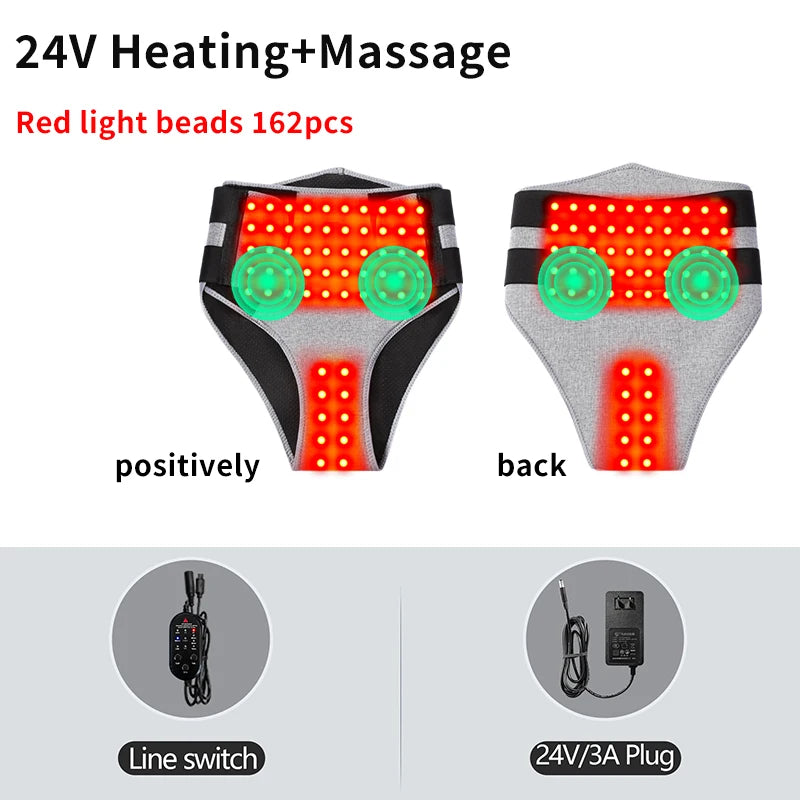 Red light beads heating pad shown from the front and back, with line switch and plug details.