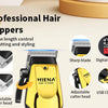 Yellow HIENA professional hair clippers with a sharp blade and digital display for precise length control.