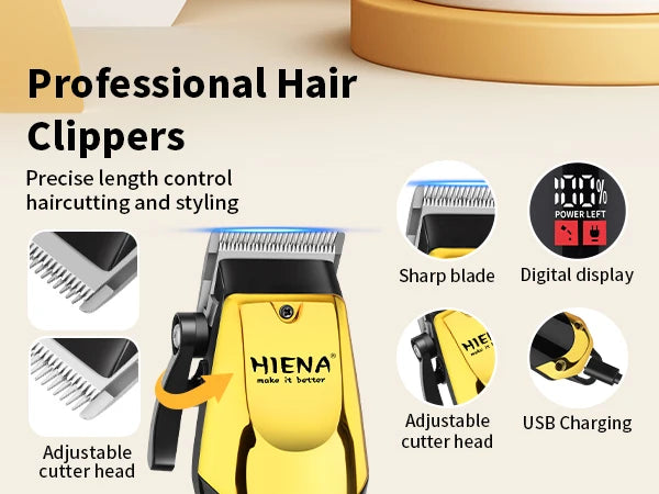Yellow HIENA professional hair clippers with a sharp blade and digital display for precise length control.