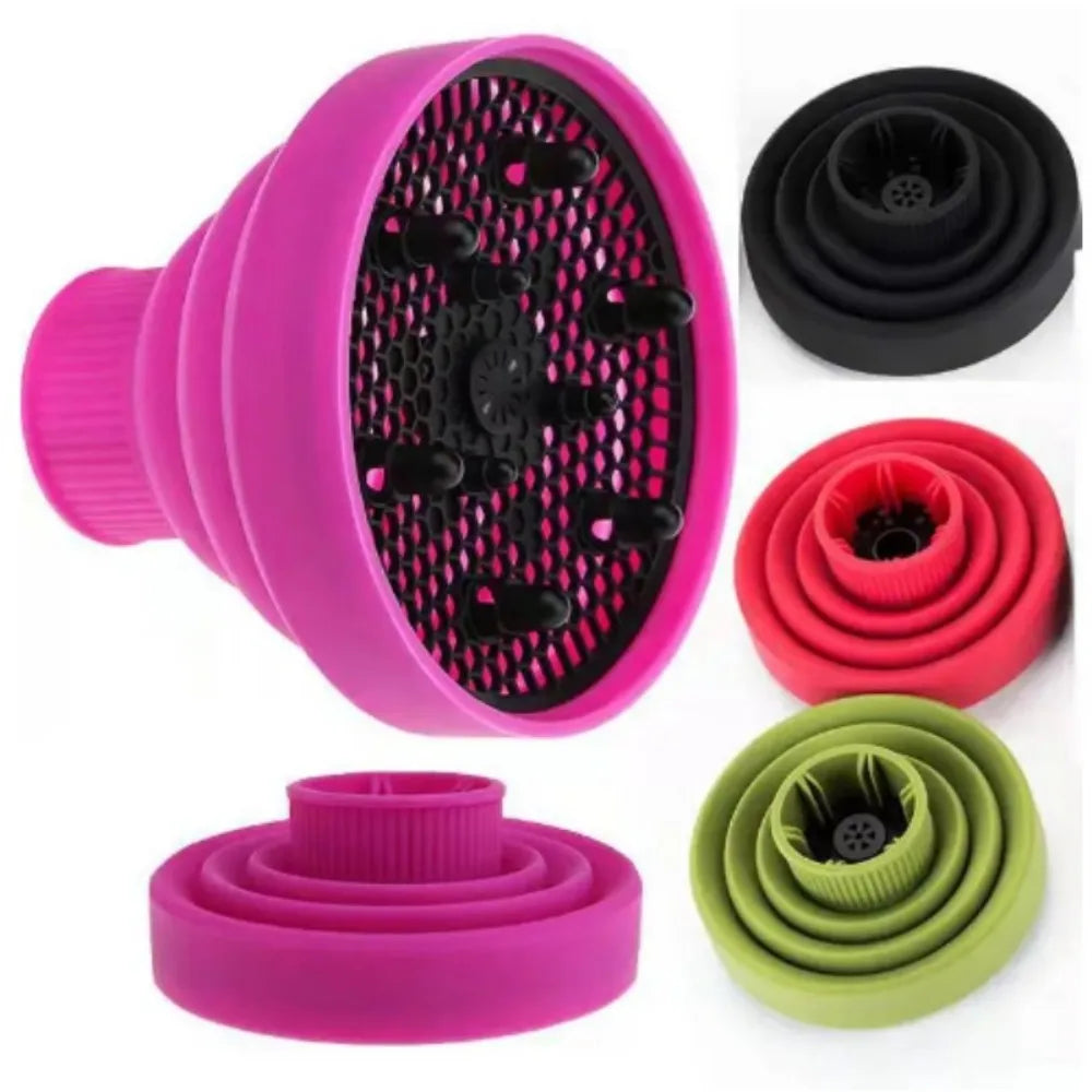 A set of silicone diffuser covers in various shades of pink, red, and green for a hairdryer.