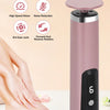 A pink electric foot callus remover device is shown next to a foot, demonstrating its use for removing calluses.