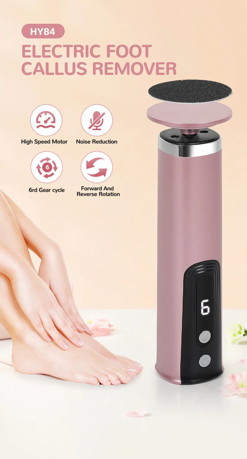 A pink electric foot callus remover device is shown next to a foot, demonstrating its use for removing calluses.