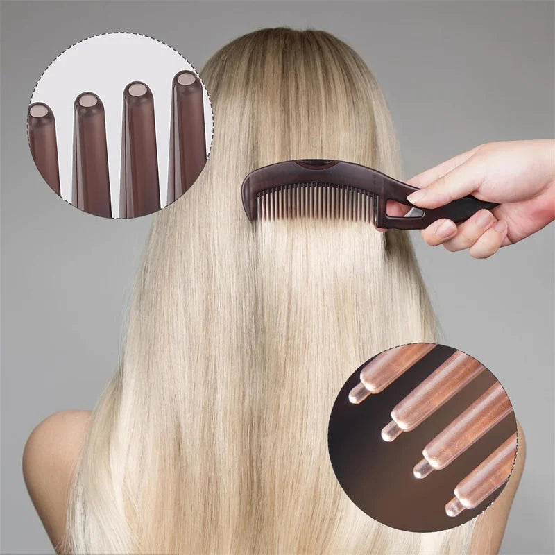 A hand is using a self-cleaning dandruff relief comb with scalp massage on blonde hair, showing the comb and its bristles.