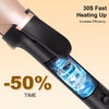 A black ceramic curling iron is shown heating up, demonstrating a 50% time reduction for fast heating.