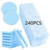 A box of 240 compressed facial sponges for cleansing and makeup removal, shown in various forms.