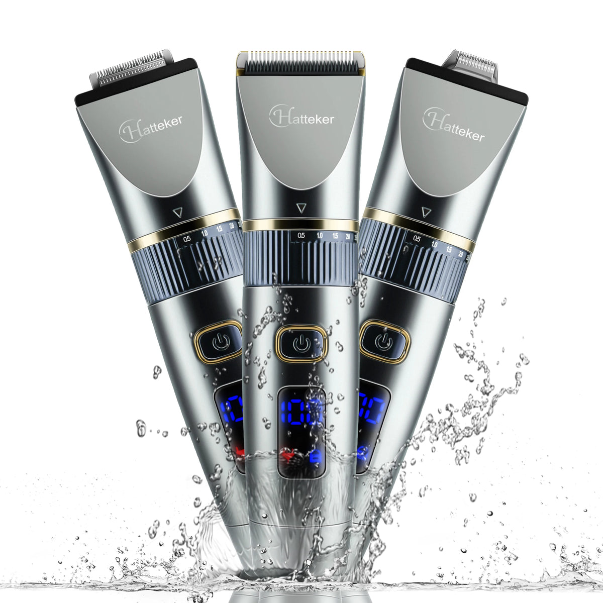 Three metallic gray electric grooming trimmers are shown splashing water on a white surface.