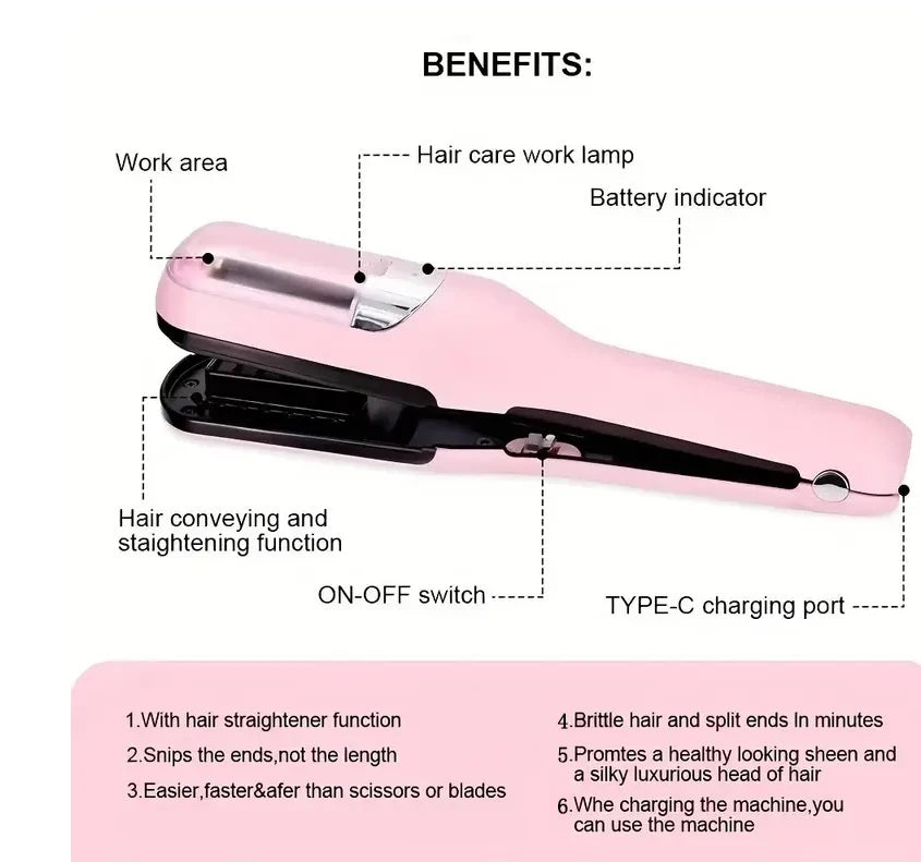 A pink rechargeable cordless hair clipper with a flat comb and battery indicator shown in a product diagram.
