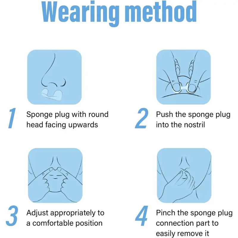 Instructions for using disposable sponge plug nostril dust filters, showing steps to insert and adjust the plug.