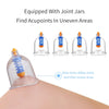 A clear silicone cupping jar with a blue and orange plunger is shown on a person's arm, demonstrating acupoint finding.