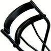 A close-up view of a black metal eyelash curler tool.