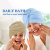 A woman and a child are enjoying a daily bath with blue and beige microfiber hair towel wraps.