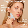 A woman is using a stainless steel Gua Sha tool on her face for facial massage.