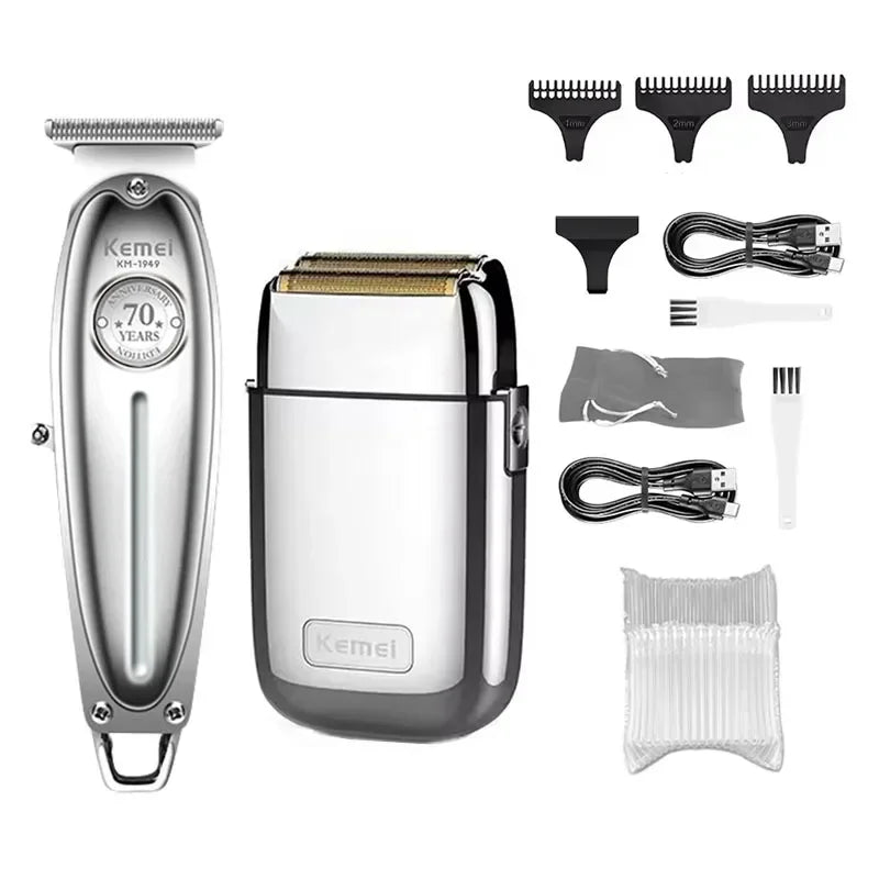 A set of professional rechargeable electric hair clippers and accessories including guards and a power cord.