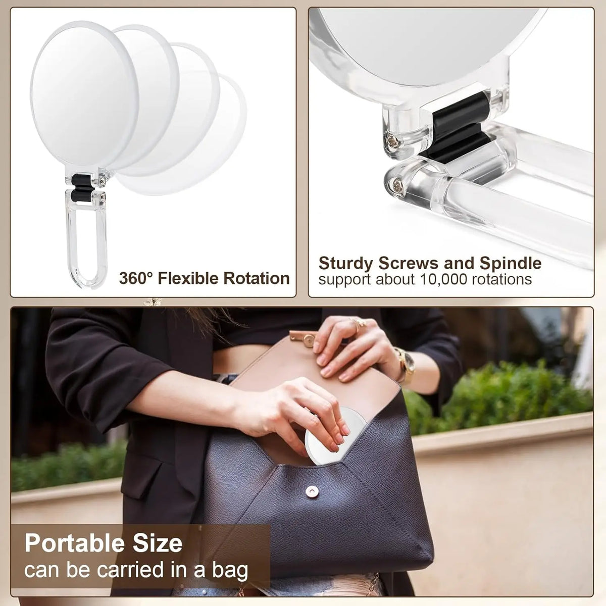 A foldable handheld vanity mirror with a flexible rotation feature and sturdy screws, shown being carried in a bag.