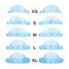A set of blue eyelash curlers and lifting tools sized XS through XL are displayed in a grid format.
