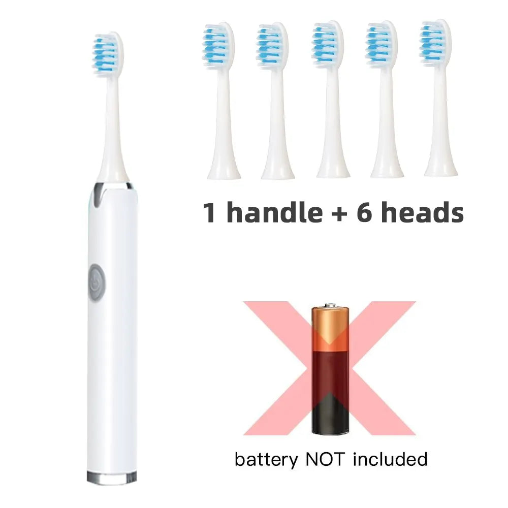 A white sonic electric toothbrush handle and six replacement brush heads are displayed next to a battery warning.