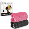 Two exfoliating loofah sponges, one pink and one black, are shown next to the packaging.