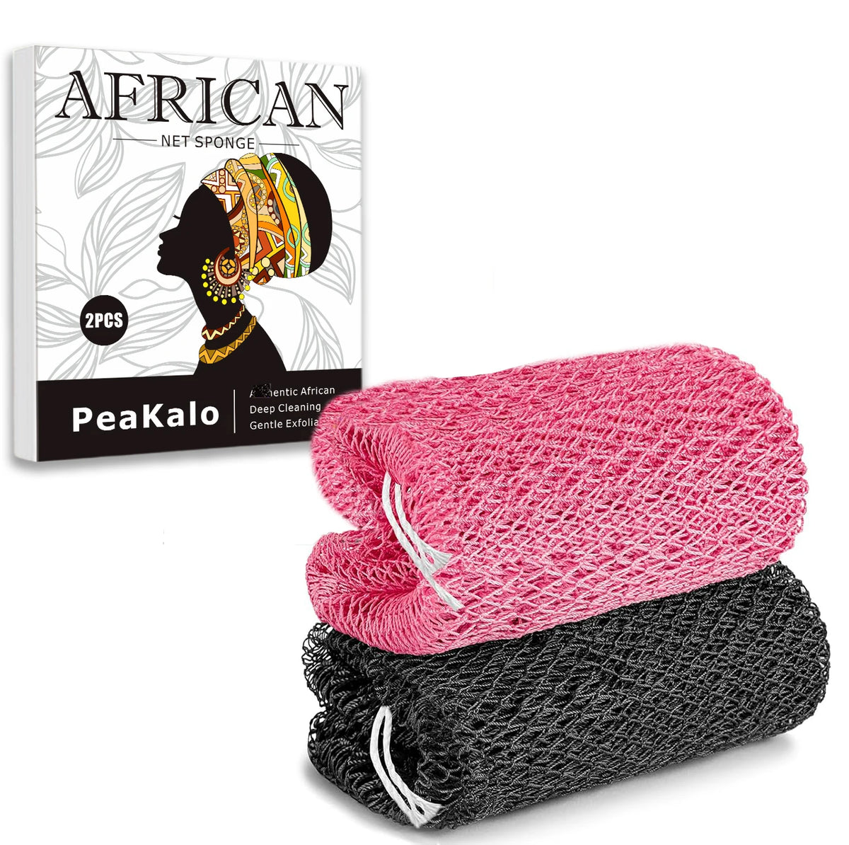 Two exfoliating loofah sponges, one pink and one black, are shown next to the packaging.