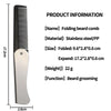 A folding beard comb made of stainless steel and PP material shown in a vertical view with dimensions.