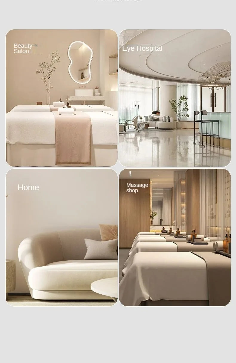 A collage showing various relaxation environments including a beauty salon, eye hospital, and home bedroom with massage beds.
