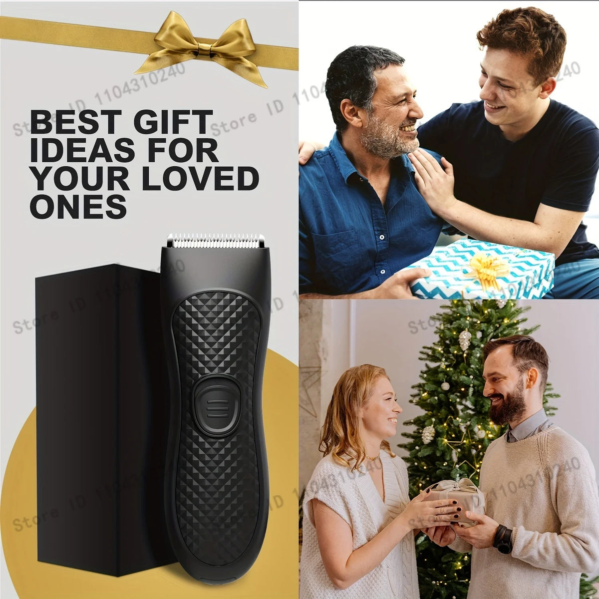 A professional body and personal hair trimmer is shown next to a gift box and a man and woman smiling.