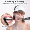 A woman is using a rotating electric toothbrush on her teeth while wearing a white headband.