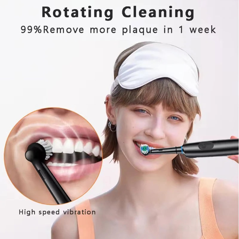 A woman is using a rotating electric toothbrush on her teeth while wearing a white headband.