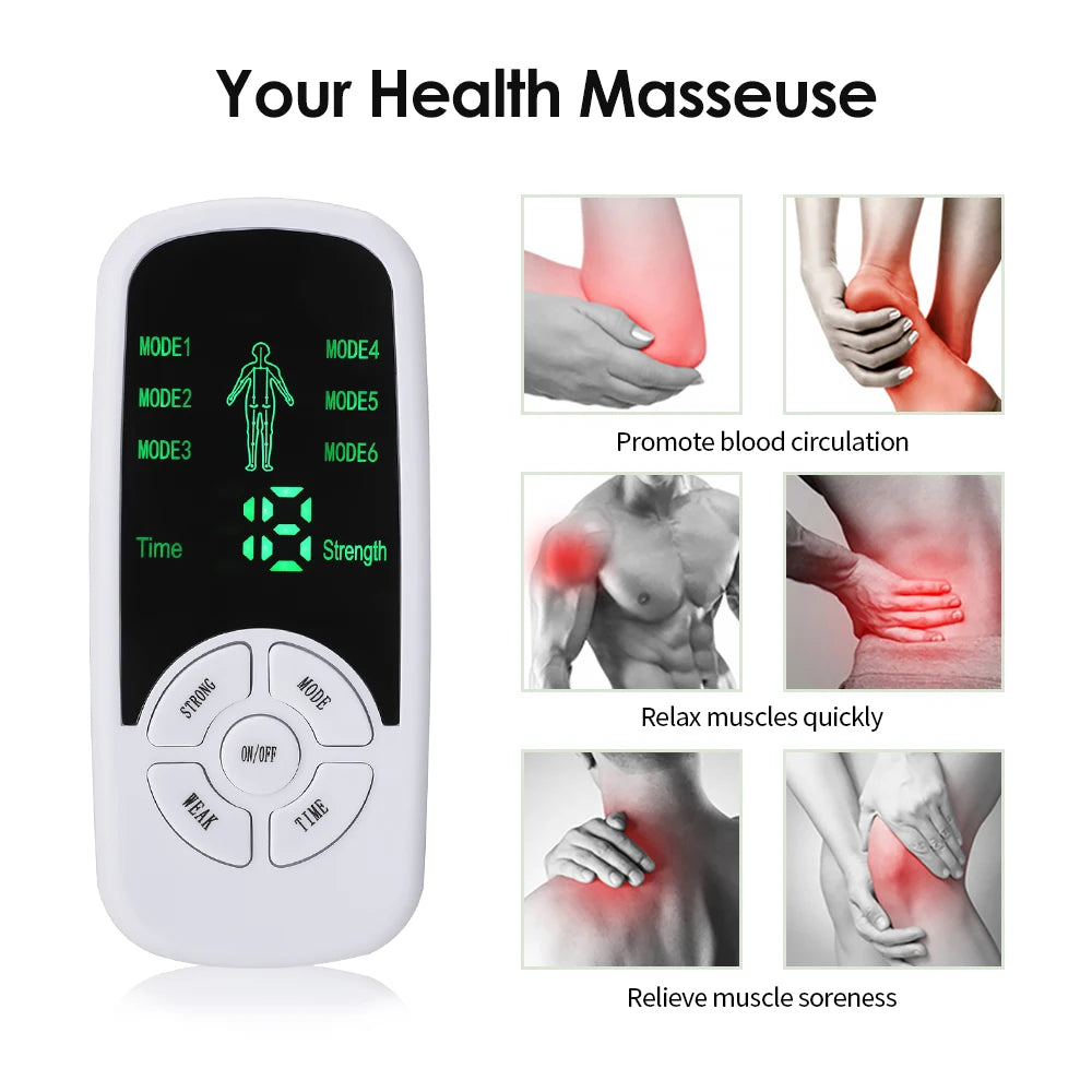 A white portable muscle relaxer device with various modes and controls, demonstrating its use for promoting circulation and r