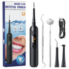 A black electric dental tool set including a scaler, mirror, and cleaning tip displayed in its packaging.