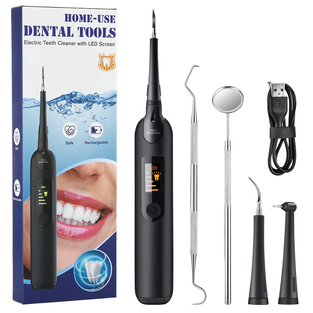 A black electric dental tool set including a scaler, mirror, and cleaning tip displayed in its packaging.
