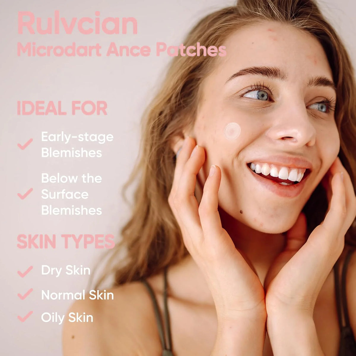 A woman applying Rulvcian Microdart Acne Patches to her skin.