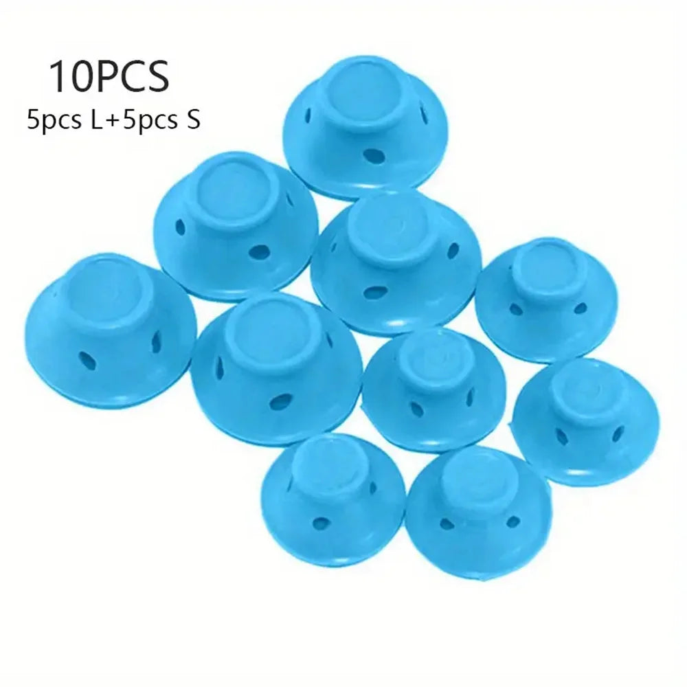 A set of ten blue heatless silicone curling hair tools, including five large and five small versions.
