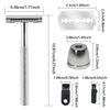 A vintage double edge safety razor kit showing the handle, blade, and cleaning components with dimension lines.