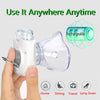 A hand holds a white portable rechargeable nebulizer device with a clear mouthpiece, demonstrating its use for respiratory re