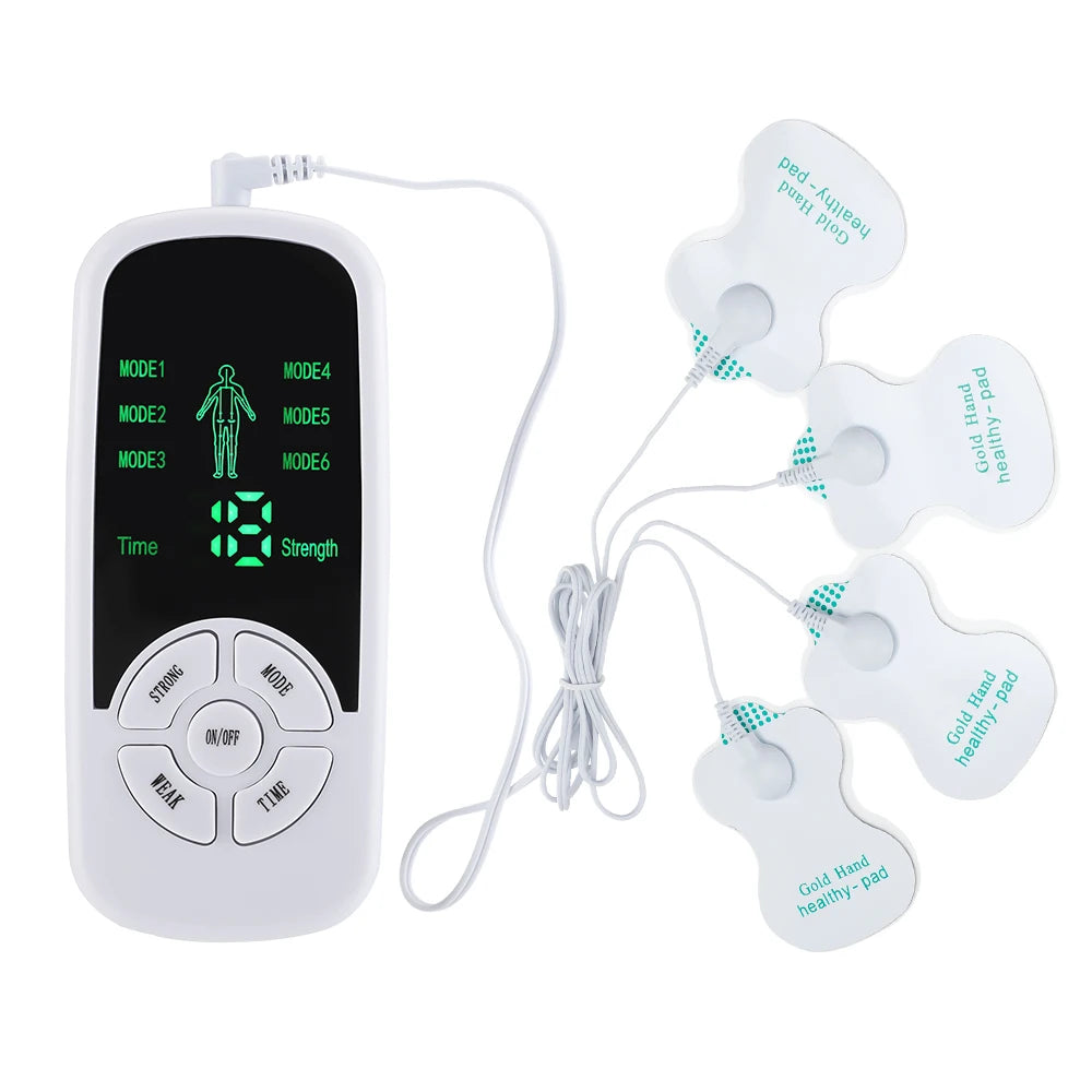 A white electric meridian muscle massager device with multiple pads and a power cord.