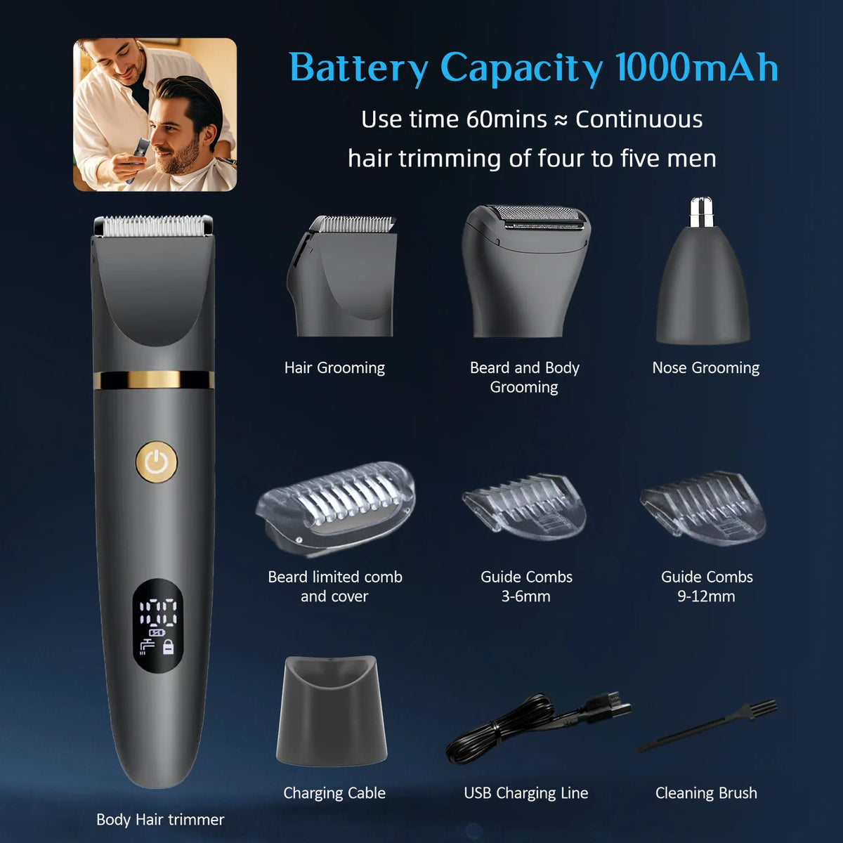 A set of body grooming tools including a hair trimmer, combs, and brushes for hair trimming.