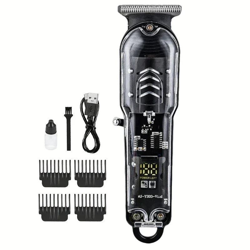 A professional cordless hair clipper and beard trimmer with a metallic body and detachable blades.