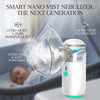 A white smart nano mist nebulizer is shown next to a baby in a crib, highlighting its ultra-quiet and ultra-fine mist feature