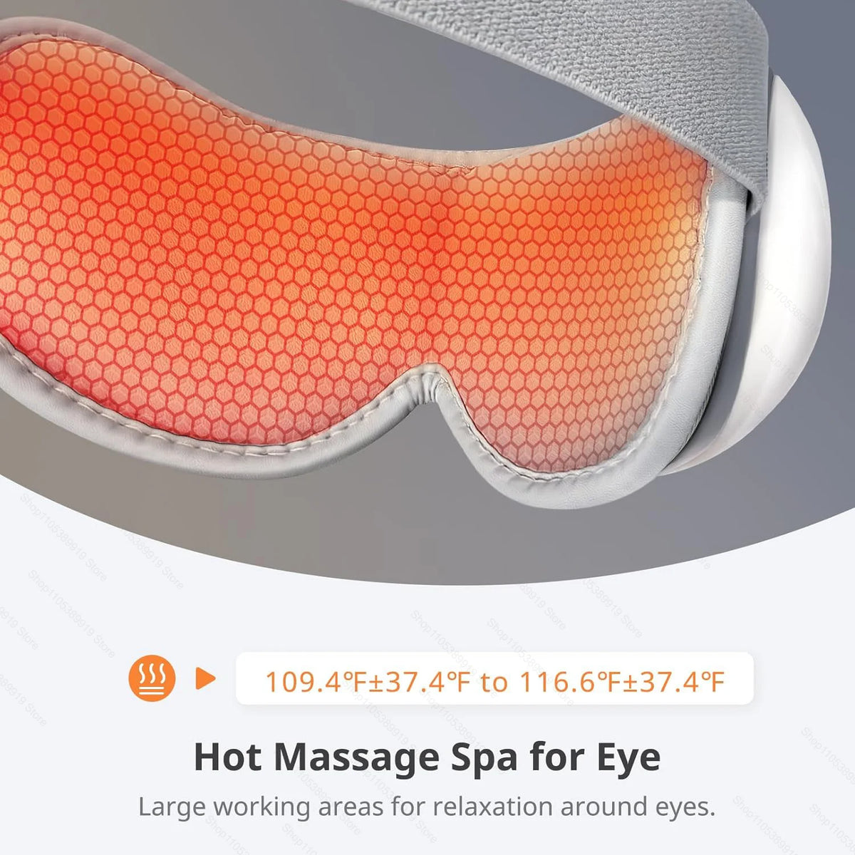 Nahaufnahme eines beheizten Augenmassiergeräts mit orangefarbener Textur für Entspannung um die Augen.