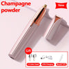 A rose gold electric eyebrow powder trimmer with two cutter heads and a USB charging cable.