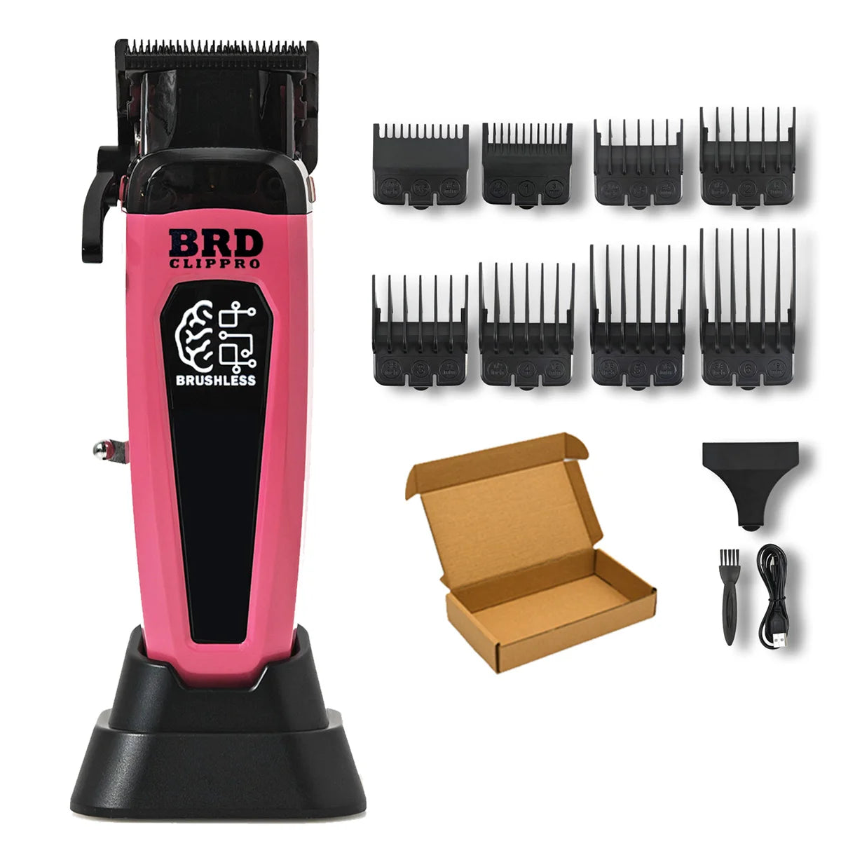 A pink and black brushless rotary hair trimmer kit with multiple guard attachments and accessories.