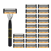 A black safety razor with an orange handle and multiple rows of replaceable blades is shown.