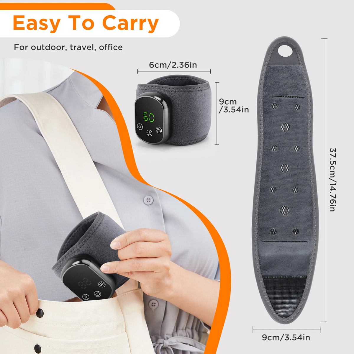 A gray heating and massage wrist brace is shown being carried on a strap, with the product size displayed.