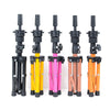 Five adjustable wig stands or tripods in black and various colors are displayed side by side.