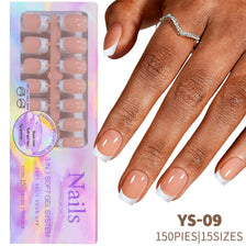 A set of 150 press-on nails in rich coffee black featuring a gold-accented design displayed on a hand.