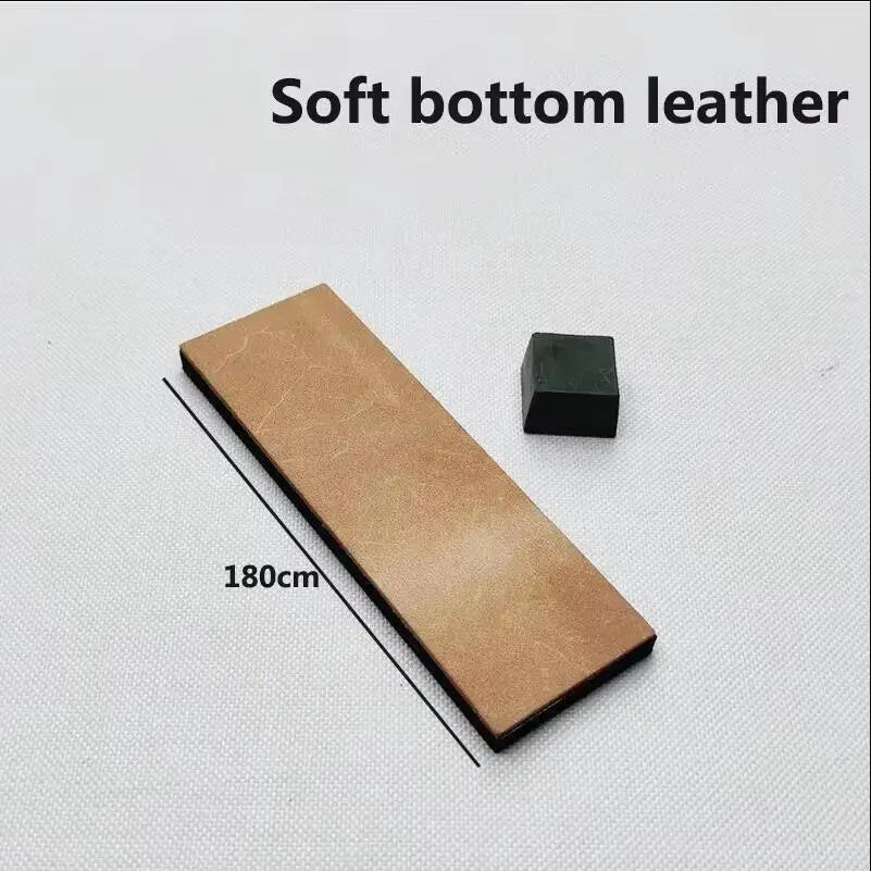 A rectangular piece of soft bottom leather, 180cm long, shown next to a small black block.