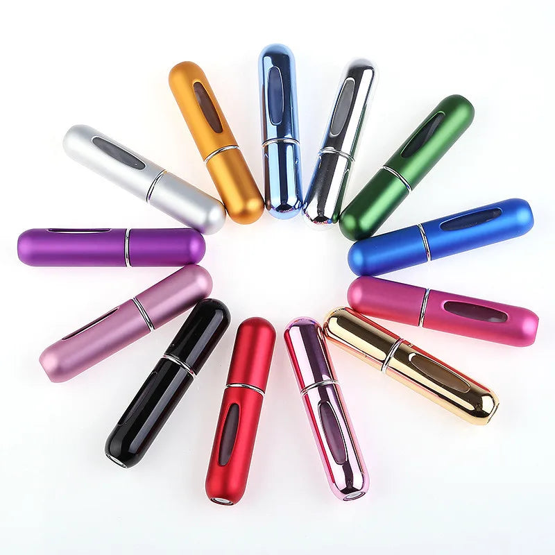 A collection of colorful portable mini perfume refill sprays arranged in a circle.
