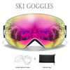 A pair of ski goggles shown with the inside optical frame and a separate glasses bag.